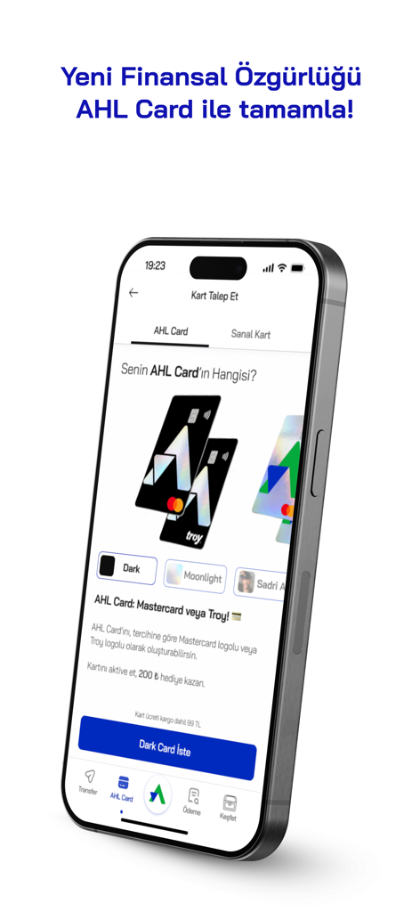 AHL Pay - AHL Pay app interface on an iPhone showing options to request physical and virtual cards with different designs like Dark and Moonlight
