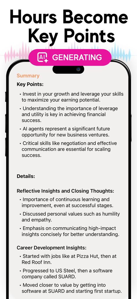 箇条書きの要点とキャリアの洞察が表示された、AI生成の講義要約を表示するスマートフォン画面。
