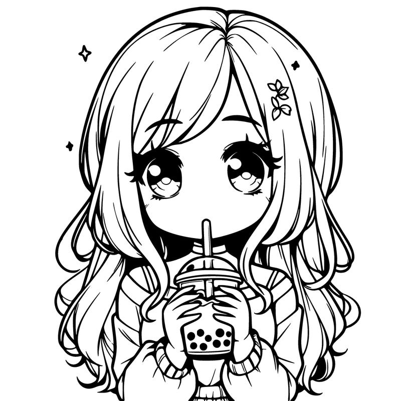cute realistic girl drinking boba
