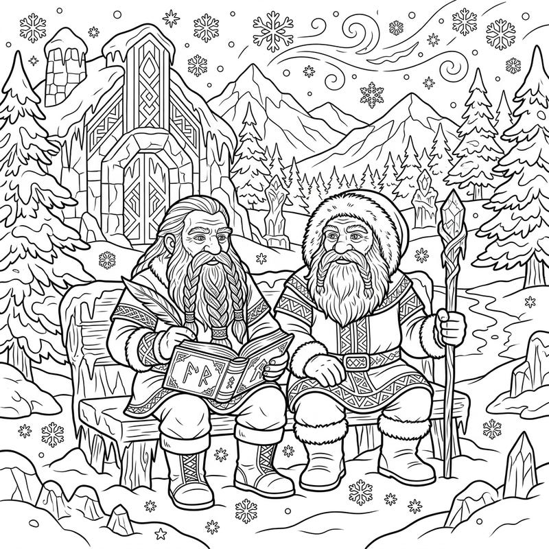 Immerse yourself in a magical winter scene featuring two revered Dwarf Clan Elders, sharing tales and wisdom amidst falling snow. This intricate coloring page invites you to bring their ancient world to life with your favorite colors.