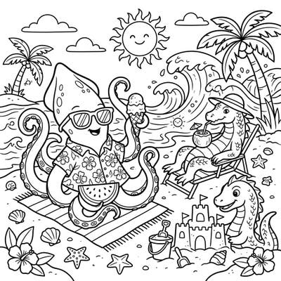 Get ready for an epic summer adventure with this vibrant coloring page featuring friendly sea monsters enjoying a sunny day at the beach. Kids will love bringing this lively scene to life with their favorite colors, from a cool octopus to playful dragon-like creatures.