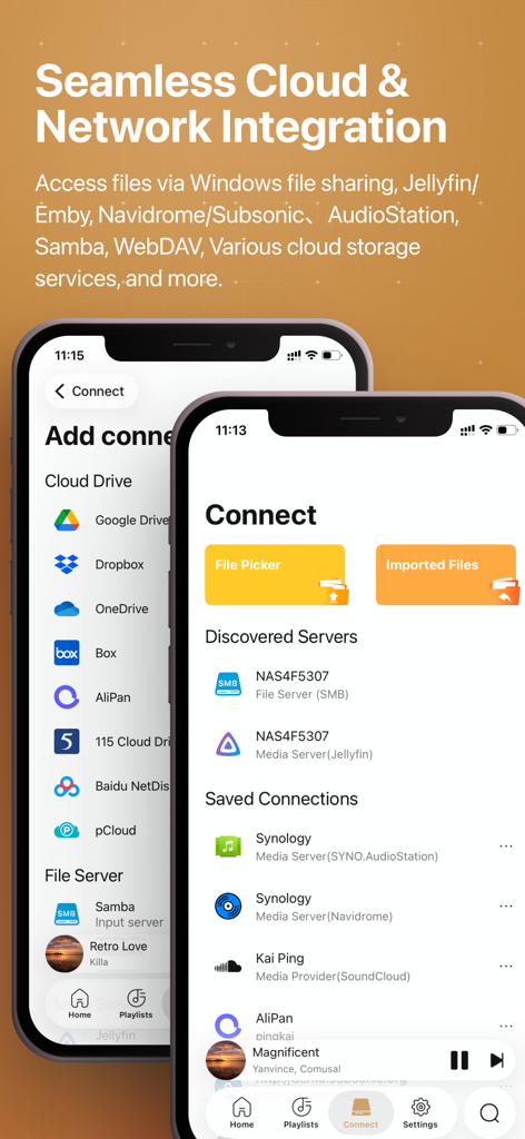 HiFier: HiFi Music Player - Interface of the HiFier app showing cloud storage and local network server connection options.