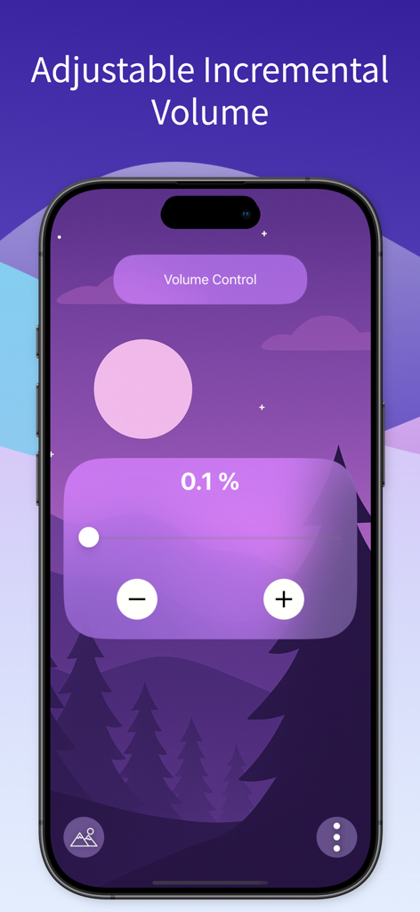 Volume Control - 슬라이더와 버튼으로 0.1%의 정밀한 볼륨 증분을 보여주는 볼륨 제어 앱 인터페이스