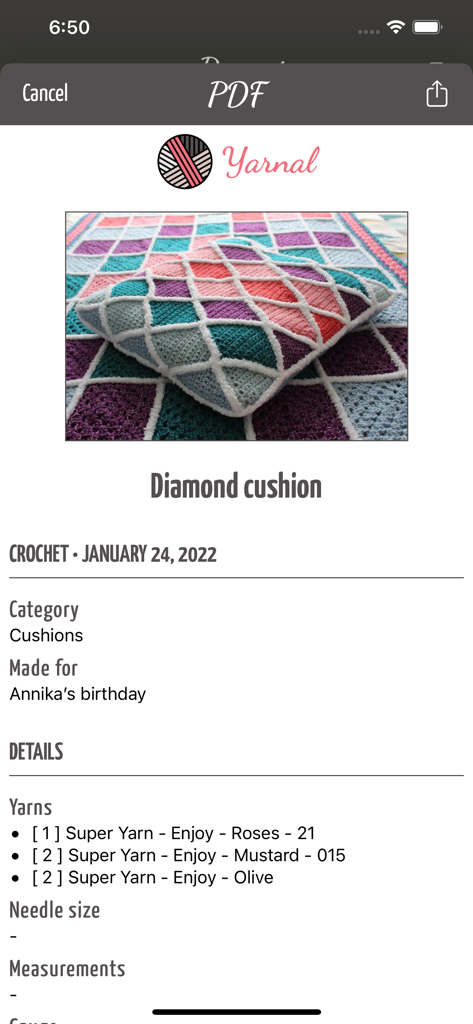 Yarnal - Knitting & Crochet - Yarnal app showing a PDF project summary for a crochet diamond cushion including yarn details and notes