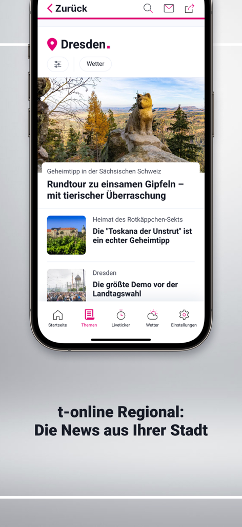 t-online Nachrichten - Capture d'écran de l'application t-online Nachrichten affichant des actualités et des articles régionaux pour la ville de Dresde