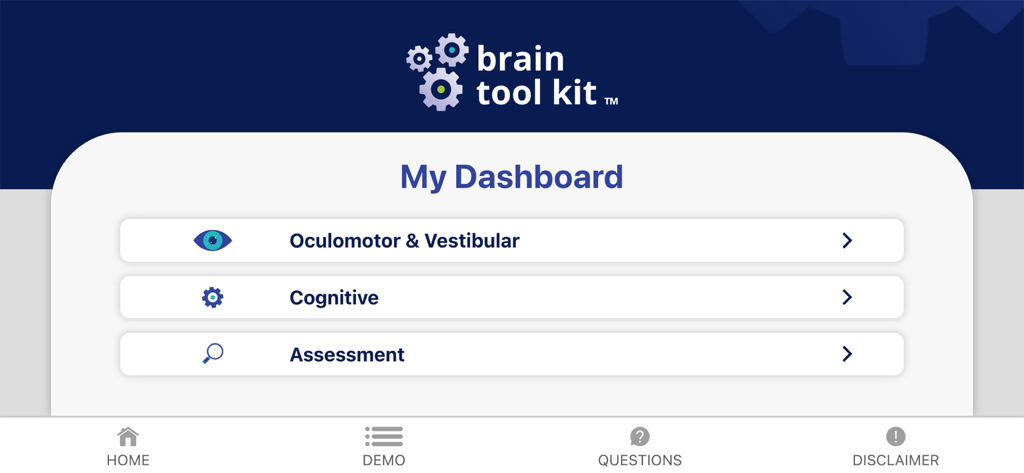 Brain Tool Kit - Main dashboard of the Brain Tool Kit app featuring Oculomotor Vestibular and Cognitive exercise categories