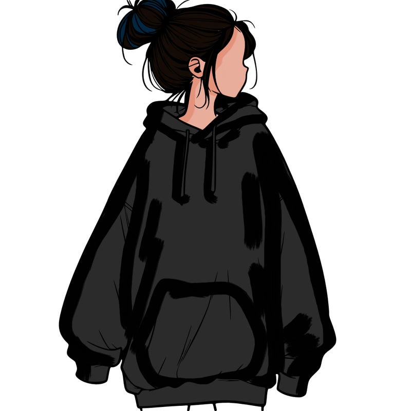 realistic girl with a oversized sweatshirt on and a bun