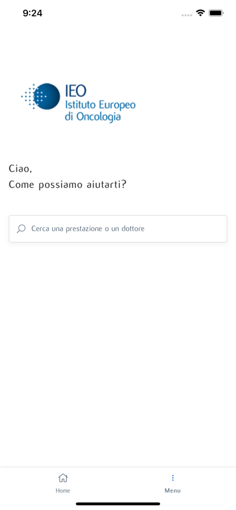 Schermata principale dell'app medica My IEO con il logo dell'Istituto Europeo di Oncologia e una barra di ricerca per i servizi medici.