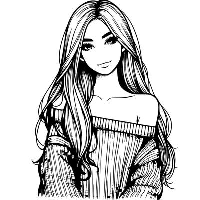 realistic girl with long hair wearing an off the shoulder sweater