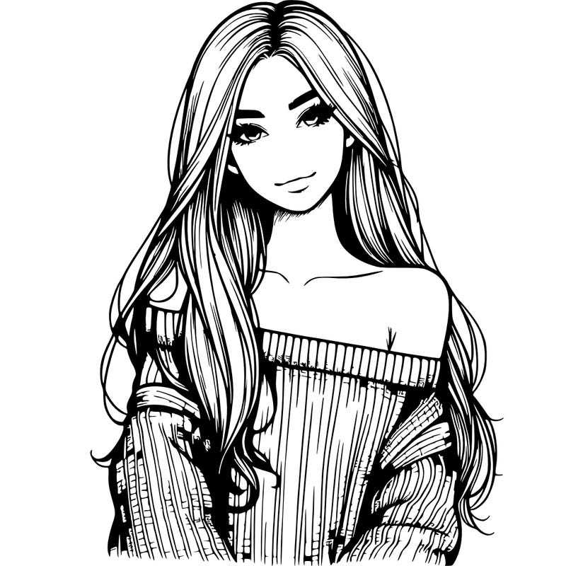realistic girl with long hair wearing an off the shoulder sweater