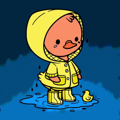baby duck in a rain coat and boots, in a puddle while it’s raining