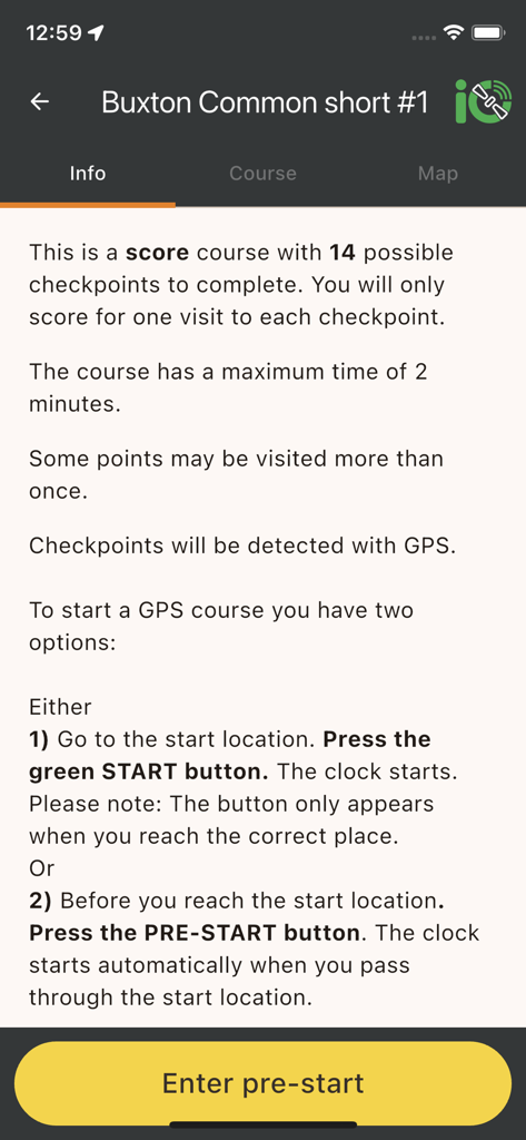 iOrienteering - GPSチェックポイント付きのスコアコースの指示と詳細を表示するiOrienteeringアプリの画面