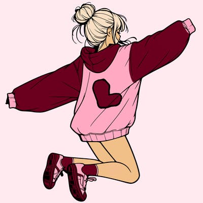 realistic girl jumping with a bun and oversized sweatshirt