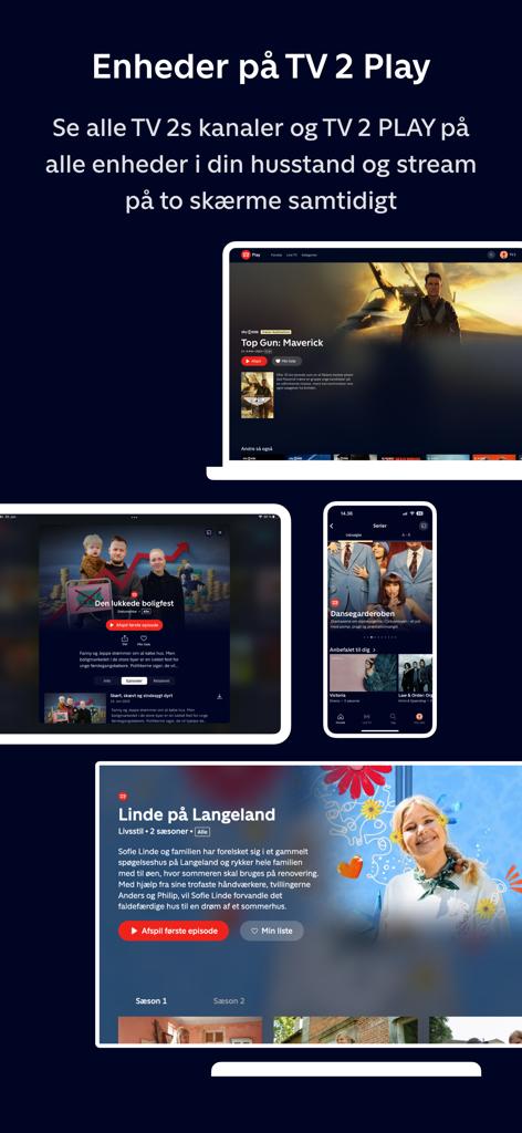 TV 2 PLAY Denmark - TV 2 PLAY Denmark app displayed on a laptop, tablet, and smartphone showing various Danish shows.