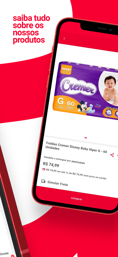 Americanas: Compras Online - Americanasアプリのベビーおむつの製品ページを表示するモバイル画面