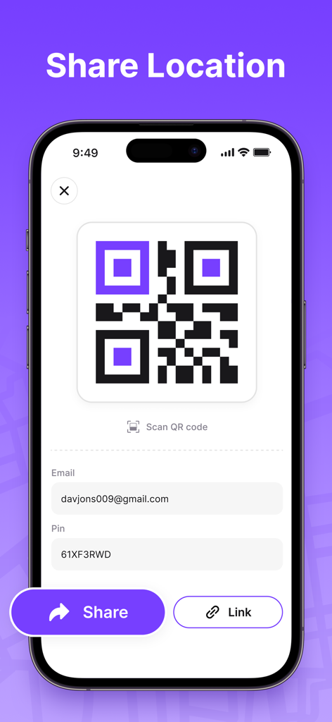 Findmykids - GPS Phone Tracker - Findmykids app interface for sharing location via QR code and PIN