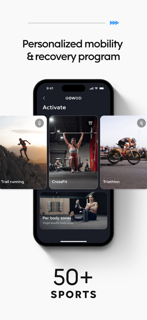 GOWOD – Mobility & Stretching - GOWOD 앱 화면에 크로스핏 및 러닝을 포함한 50개 이상의 스포츠에 대한 개인 맞춤형 모빌리티 및 회복 프로그램 표시