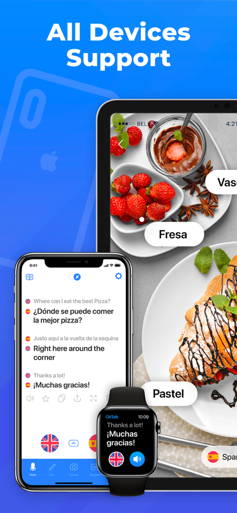 OkTalk: Keyboard Translator - OkTalk app interface displayed on iPhone iPad and Apple Watch showing multi-device translation features