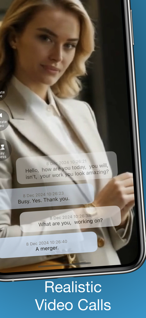 TenderTalk AI Video Calls - Realistic AI woman in a video call interface with chat bubbles