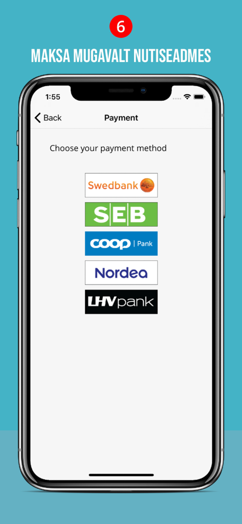 Ein Smartphone-Bildschirm, der die Auswahl der Zahlungsmethode in der Photopoint Photoexpress App mit verschiedenen Bankoptionen anzeigt.
