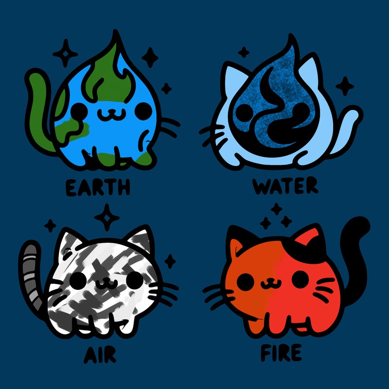4 cats that represent the different elements, earth, water, air, and fire