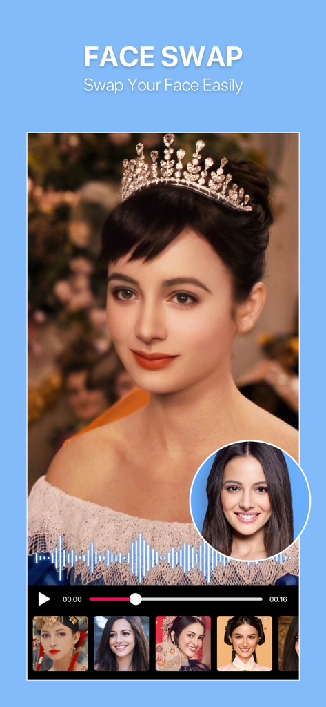 Tempi Art-Cartoon&AnimatePhoto - A smartphone interface showing the face swap feature of the Tempi Art app where a user's face is integrated into a video of a woman wearing a tiara