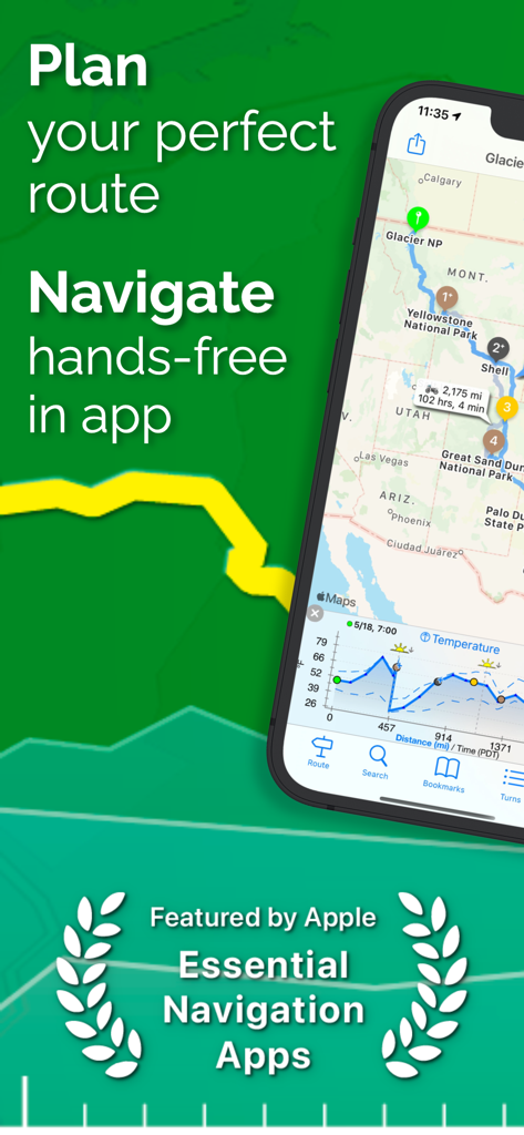 inRouteアプリのスクリーンショット。地図上に複数目的地ルート計画が表示され、統合された気温チャートとApple Essential Navigation Appsのバッジが付いています。