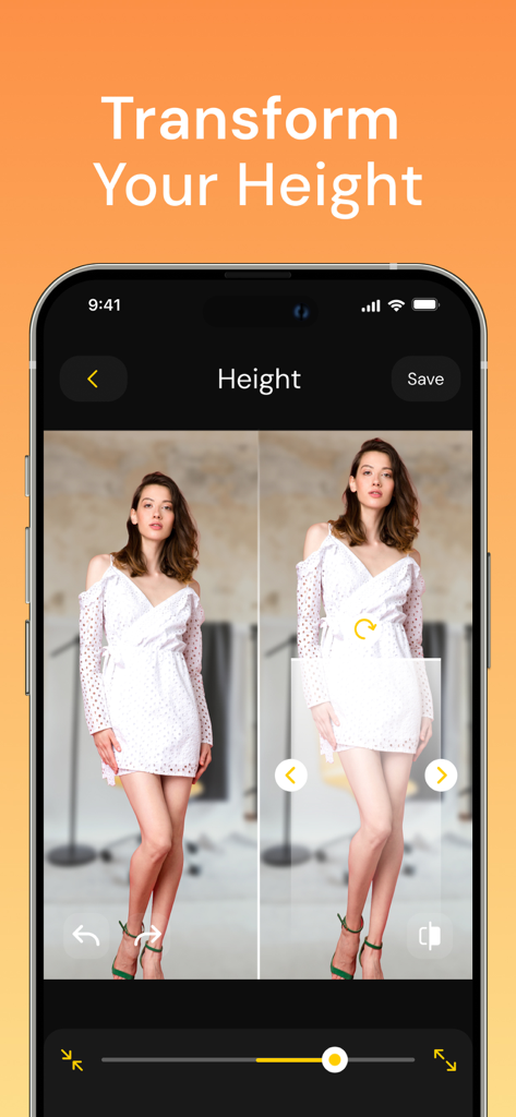 Body Face Tune: Photo - Before and after comparison of a woman using the height adjustment tool in the Body Face Tune app.
