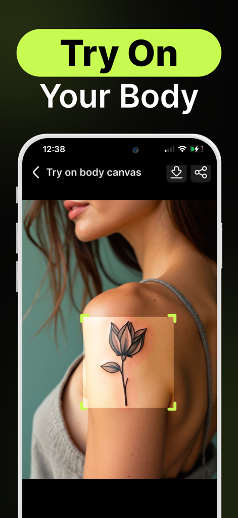 AI Tattoo Generator - Inkill - AI試着機能を使用して、女性の肩に仮想プレビューされている花のタトゥーデザイン