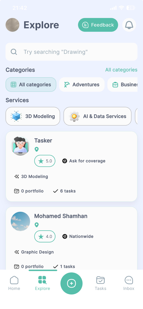 Taskin - Taskin mobile app explore page showing service categories and tasker profiles with ratings