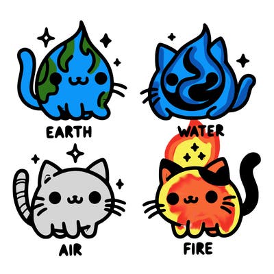 4 cats that represent the different elements, earth, water, air, and fire