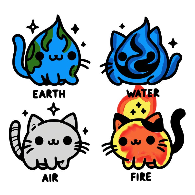 4 cats that represent the different elements, earth, water, air, and fire