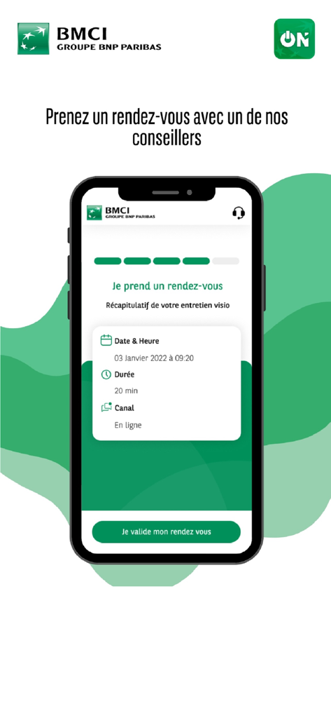 BMCI ON - BMCI ON App-Oberfläche zur Planung und Bestätigung eines entfernten Video-Termins mit einem Bankberater.