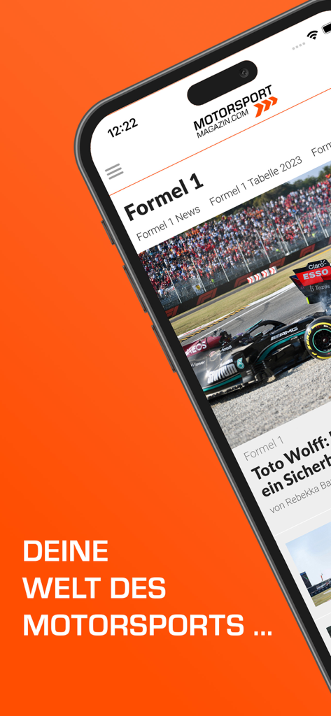 Motorsport Magazin: Formel 1 - Motorsport Magazin app interface showing F1 news and racing coverage.