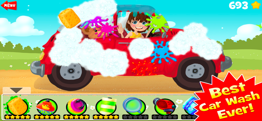 Amazing Car and Truck Wash - A red car covered in soap bubbles and colorful paint splats in the Amazing Car and Truck Wash game.