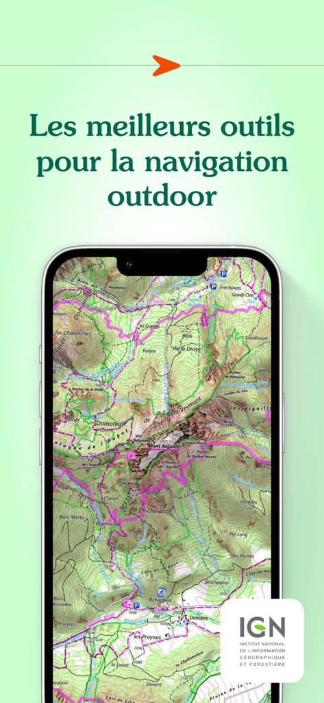 Iphigenie app displaying a high-precision IGN topographic map for outdoor navigation