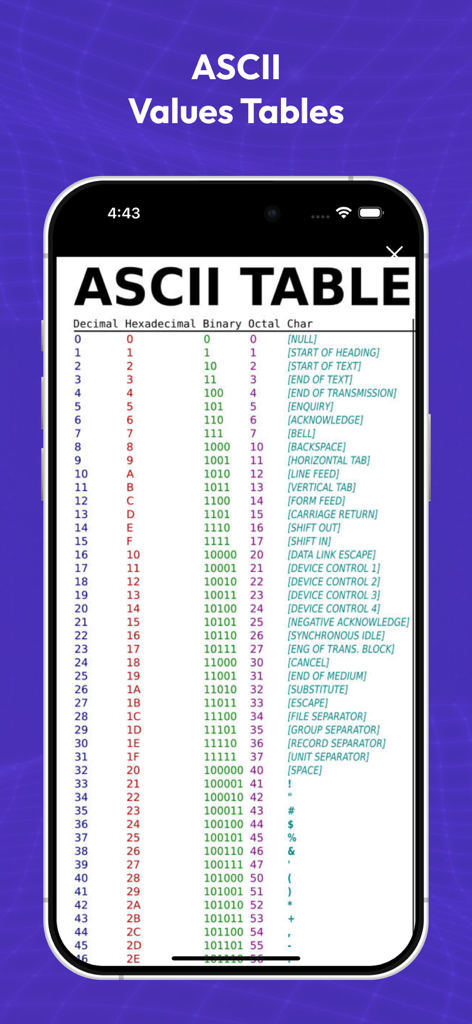 Amateur Radio Toolkit 2025 - ASCII character conversion table showing decimal hexadecimal binary and octal values