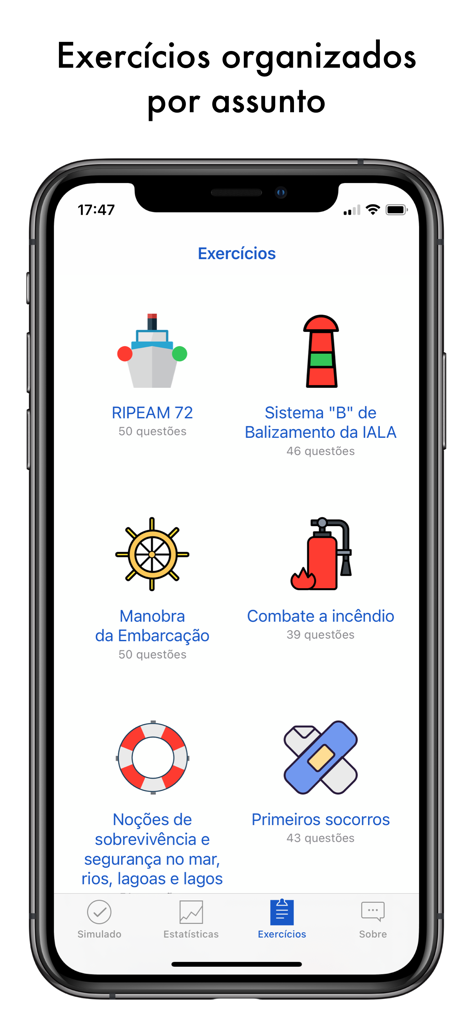 Simulados Motonauta e Arrais - Tela do aplicativo mostrando exercícios de estudo náutico organizados por categorias de assunto