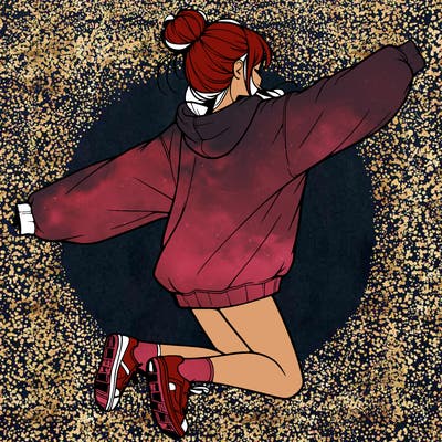 realistic girl jumping with a bun and oversized sweatshirt