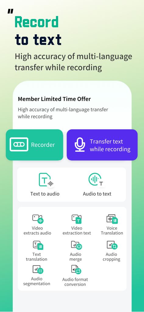 Sound Recorder - Audio Memos - Interface of the Sound Recorder app showing features like record to text, audio to text, and voice translation.
