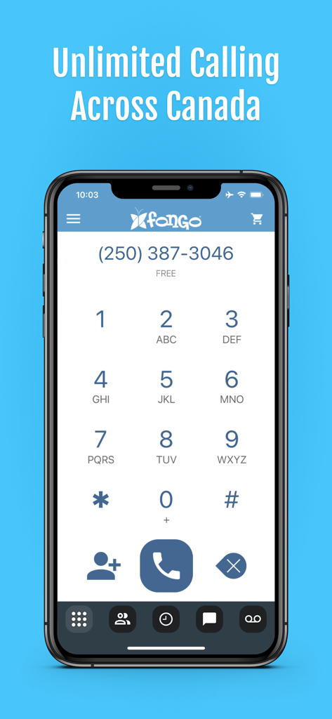Fongo World Edition - Fongoアプリのインターフェイスに、カナダへの無制限通話用のダイヤルパッドが表示されています。