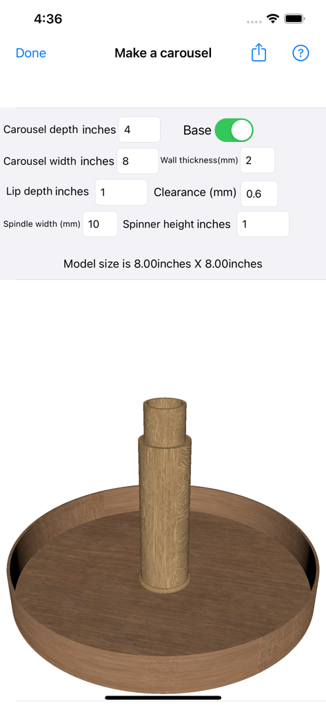 3D Box Maker - Interface of the 3D Box Maker app showing custom parameter inputs and a 3D preview for a carousel model