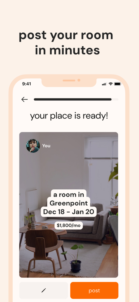 snag sublets - A preview screen in the snag sublets app showing a room for rent in Greenpoint New York for eighteen hundred dollars a month