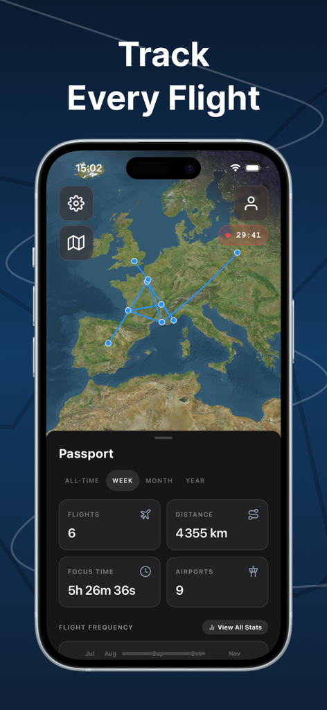 Un smartphone mostrando la pantalla de Pasaporte de la aplicación FlightMode con estadísticas de tiempo de concentración y un mapa de rutas de vuelo virtuales.
