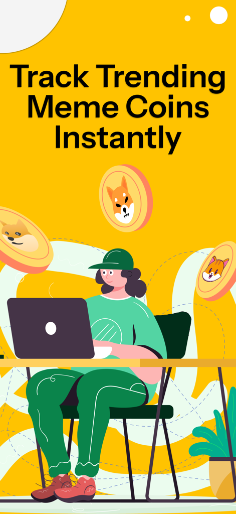 Illustration of a person using a laptop surrounded by floating meme coins to track crypto trends