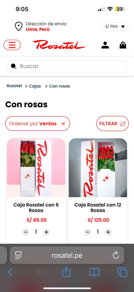 Screenshot of the Rosatel app showing red roses in gift boxes for delivery.