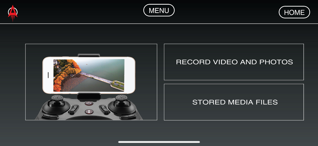 Pantalla del menú de la aplicación Serie 2000 con opciones para grabar video y fotos o ver archivos multimedia almacenados.