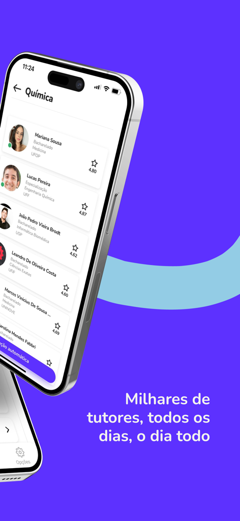 TutorMundi - Tela do aplicativo TutorMundi mostrando uma lista de tutores de química disponíveis de universidades de ponta com suas avaliações.