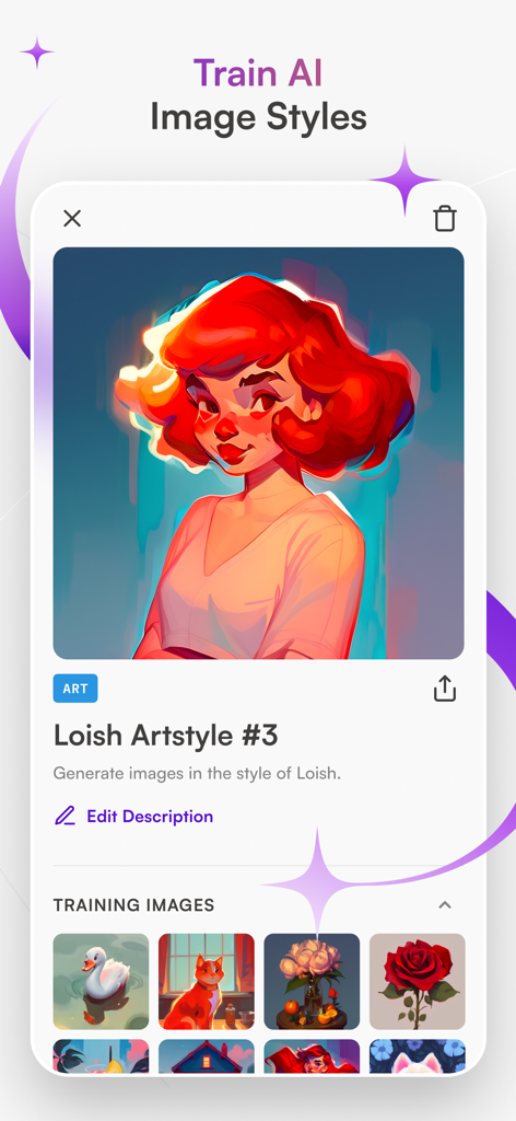Interfaz que muestra el entrenamiento de estilos IA personalizados en la app starryai