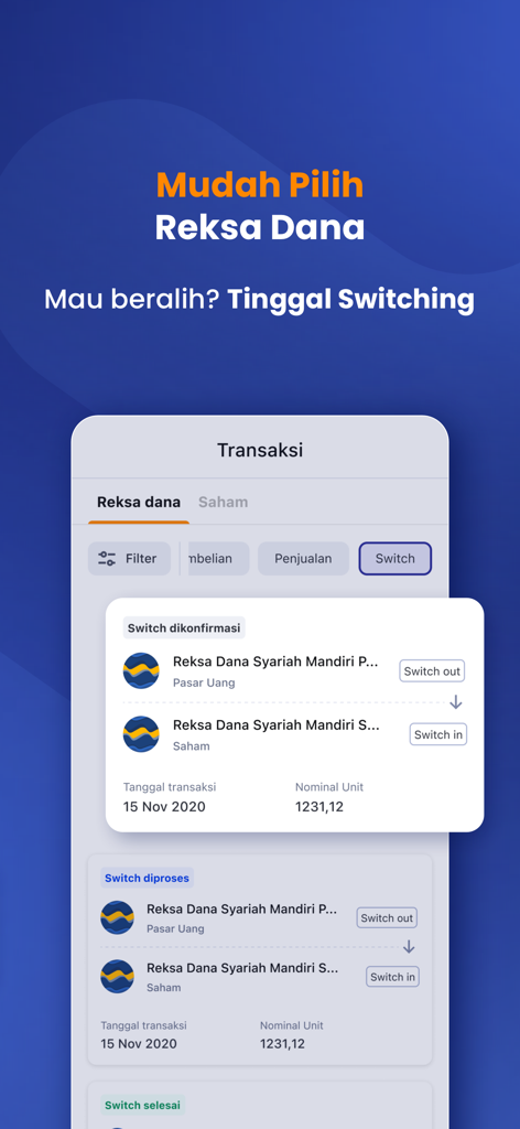 BMoney - Saham & Reksadana - BMoneyモバイルアプリのインターフェース。投資信託の切り替え機能と取引確認の詳細が表示されています